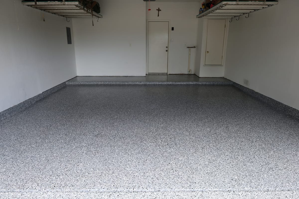 Completed garage floor coating — epoxy flake system