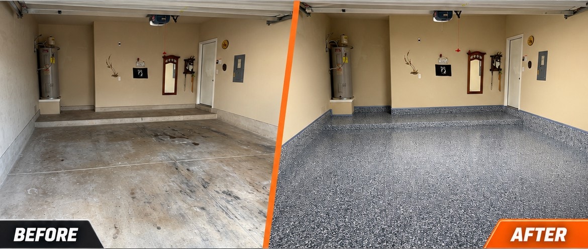 Before and after garage floor transformation